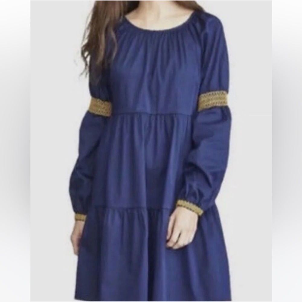 Elizabeth and James Navy Blue Gold Crochet Tiered Long Sleeve Mini